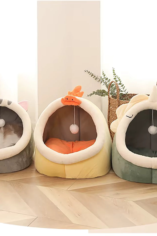 Katzenhöhlenbett „Deep Sleep“ – Faltbares Kuschelbett mit Ohren & abnehmbarem Kissen (S–L)