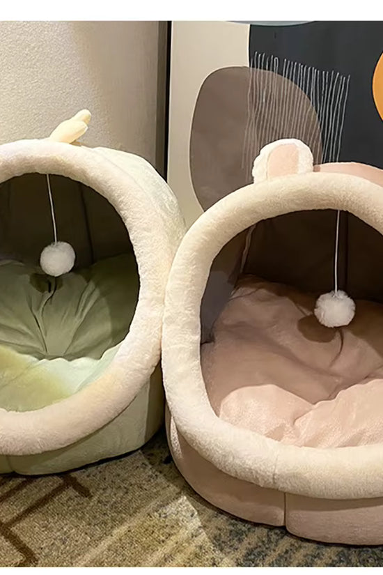 Katzenhöhlenbett „Deep Sleep“ – Faltbares Kuschelbett mit Ohren & abnehmbarem Kissen (S–L)